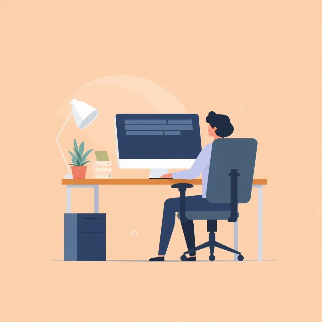 Illustration of a calm, balanced desk setup with monitor at eye level and supportive seating